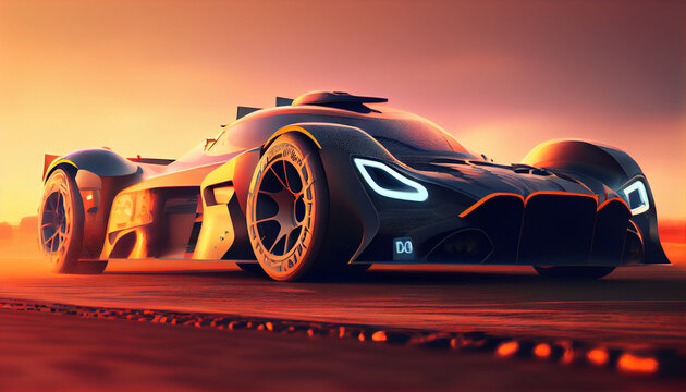 Sports car in sunset moment on road. Ai generated image 