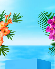Display sea place for products podium tropical flowers