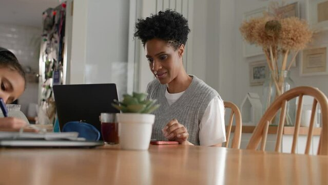 Mature black woman working from home on laptop