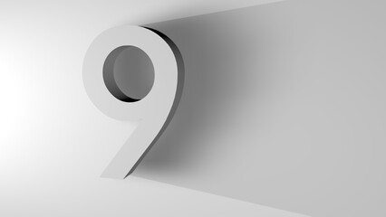 3d render of number 9. Number nine on white background