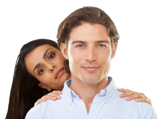 Romance, love and portrait of couple hug on isolated, png and transparent background for bonding. Relationship, marriage and face of man and woman hugging, embrace and together for valentines day