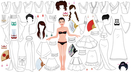 Kimono Dress Coloring Page Paper Doll with Female Figure, Clothes, Hairstyles and Accessories. Vector Illustration