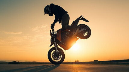 Motorradfahrer macht Stunts zum Sonnenuntergang KI