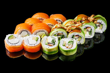 sushi roll green dragon with eel avocado cucumber cream cheese philadelphia set on a black mirror background © Narsil
