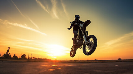 Fototapeta na wymiar Motorradfahrer macht Stunts zum Sonnenuntergang KI