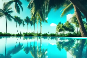 Reflection of coconut trees and palm tree in turquoise pool - generative ai
