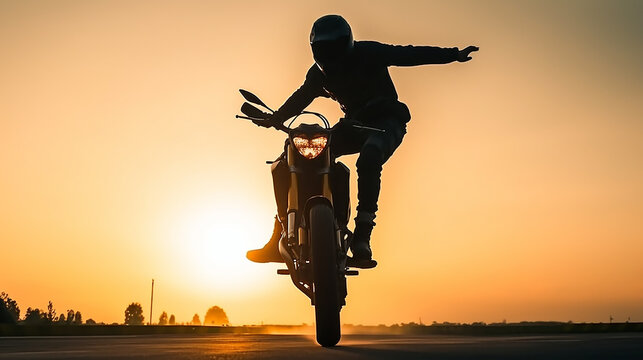 Motorradfahrer macht Stunts zum Sonnenuntergang KI