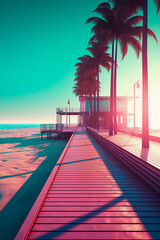 Sunny beach boardwalk whit palm trees, retro style, Generative AI
