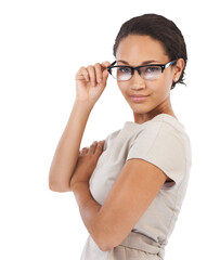 Business woman, glasses and portrait with vision and prescription lens isolated on transparent or...