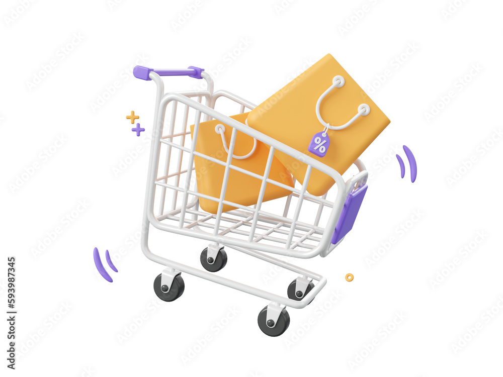 Wall mural 3d cartoon design illustration of Shopping cart and shopping bags with discount tag, Shopping online concept.