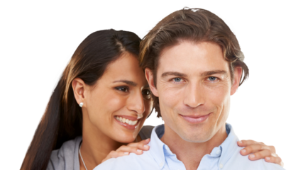 Love, happy and portrait of man and woman with smile on isolated, png and transparent background. Relationship, marriage and couple hugging, embrace and bonding together for valentines day romance