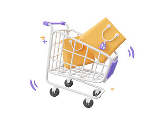 3d cartoon design illustration of Shopping cart and shopping bags with discount tag, Shopping online concept.