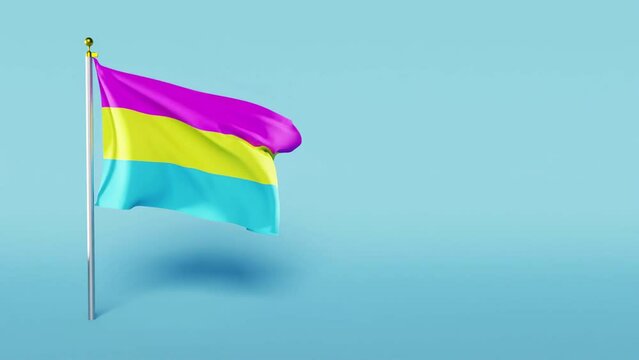 Pansexual Pride Flag waving against blue background; 3D render
