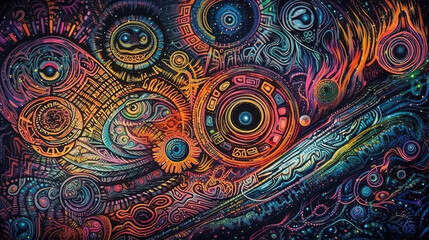 Spiritual, Surreal & Psychedelic art. Synthwave and retrowave background. wave music. Generative AI.