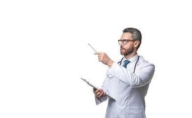photo of internist with prescription, banner. internist with prescription isolated on white.