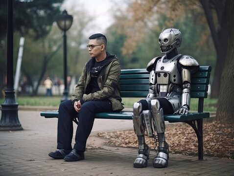Moderne mensch und roboter in beziehung im park, generative AI.