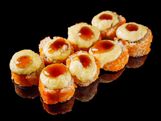 warm sushi roll with tuna and cheese cap