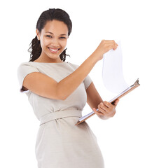 Business, checklist and portrait of happy woman, clipboard and survey or report isolated on transparent png background. Schedule, paper and face of female manager checking paperwork and documents