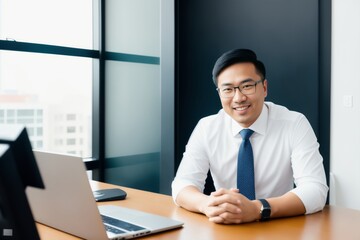 Fototapeta na wymiar Professional, smile and portrait of asian man in office for startup, confident and pride. 