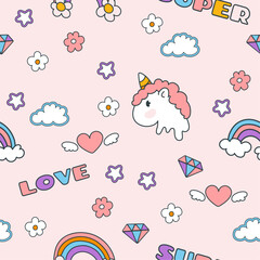 Seamless colorful pattern in y2k style on pink background. Groovy elements and words. Illustration for textile, paper, fabric, background, print design. Vector