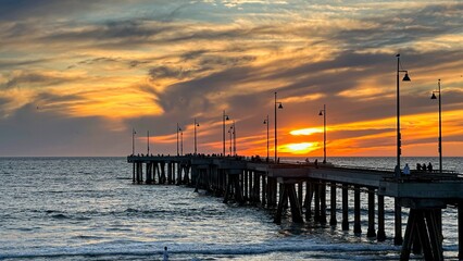 Bright sunset over Venice Pier in Los Angeles