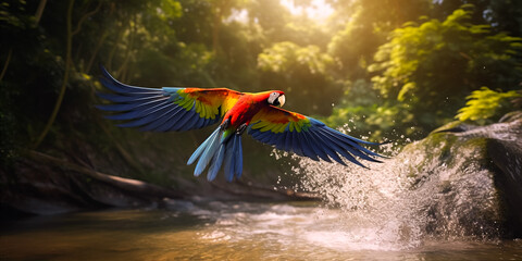 beautiful colored parrot in the jungle scenery with its wings spread out water splash on sunny day. Generative ai