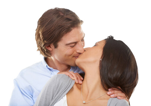 Happy, love and couple kiss for romance, bonding and intimacy on isolated, png and transparent background. Relationship, marriage and man and woman kissing, embrace and together for valentines day