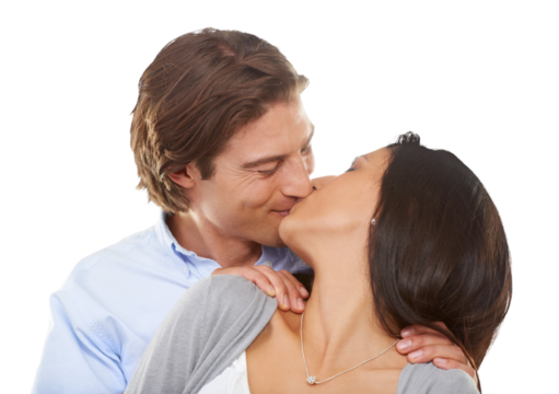 Happy, love and couple kiss for romance, bonding and intimacy on isolated, png and transparent background. Relationship, marriage and man and woman kissing, embrace and together for valentines day