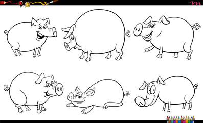 cartoon pigs farm animal characters set coloring page