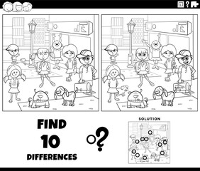 differences game with cartoon kids in the city coloring page