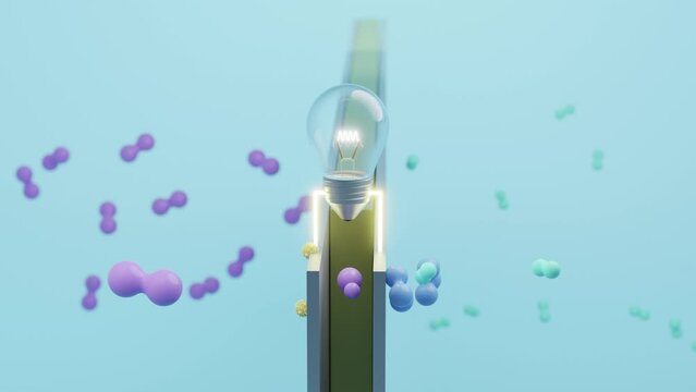 Simulation of how fuel cell turn hydrogen to electronic power and return water to the air. Automobile clean energy and Net Zero concept. 3D rendering.