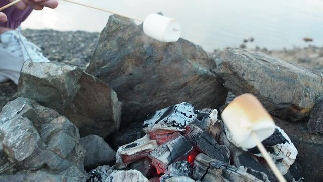 People fries marshmallows on coals outdoor. Marshmallow on skewers is fried at the stake. A marshmallow that has been toasted over an open flame. Friends toasting a marshmallow