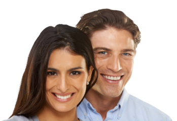 Happy, love and portrait of couple with smile on isolated, png and transparent background. Relationship, dating and face of man and woman together for bonding, affection and romantic valentines day