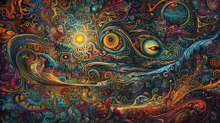 Spiritual, Surreal & Psychedelic art. Synthwave and retrowave background. wave music. Generative AI.