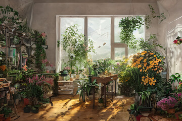 Fototapeta na wymiar digital painting of a room full of plants with sun light