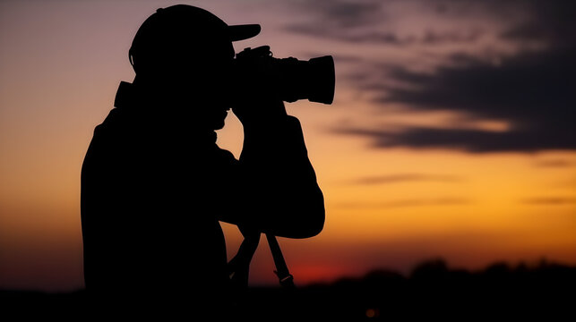 Close up silhouette of a photographer taking a picture evening sky in background.