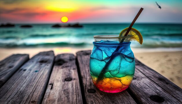 Colorful Tropical drink on a wooden table on the beach