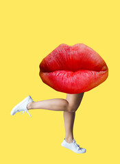 A collage of modern art. Female legs with red lips on a yellow background.