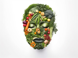 Human face head made of vegetables showing green healthy vegetarian vegan lifestyle, with bright background, Illustration, generative AI
