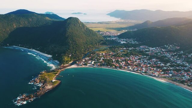 Aerial view of the town of Armacao and its beaches. Florianopolis, Santa Catarina