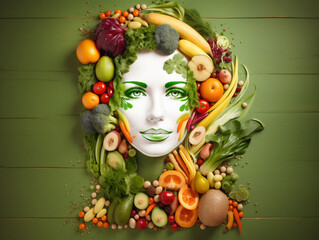 Human face head made of vegetables showing green healthy vegetarian vegan lifestyle, with green background, Illustration, generative AI