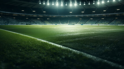 Universal grass stadium illuminated by spotlights. Al generated