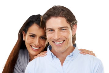 Couple, love and portrait of man and woman on isolated, png and transparent background. Relationship, marriage and face of happy people hugging, embrace and bonding for commitment, care and support