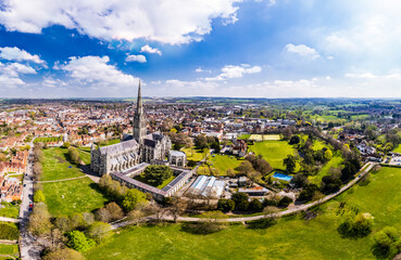 Aerial panorama of Salisbury Cathedral under a sunny blue sky	 - obrazy, fototapety, plakaty