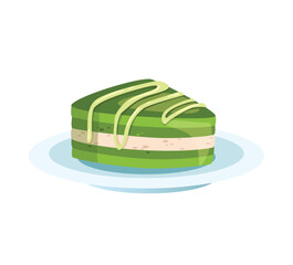 Concept Matcha cake. This illustration features a delicious matcha cake with a smooth and creamy frosting on a white background. Vector illustration.