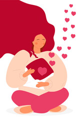 Cute woman with long hair hugs big envelope with valentines invitation, girl sitting