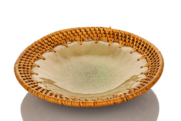 One ceramic plate, macro, isolated on white background.