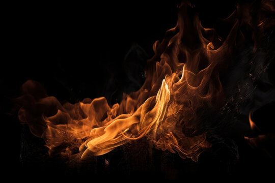 Fiery grill with flames and smoke against a black background, adding texture to your designs. AI Generative