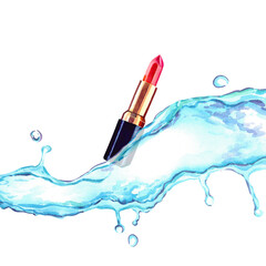 Women's pink lipstick in splashes of water. Watercolor illustration on an isolated background. Beauty and fashion. Cosmetics.