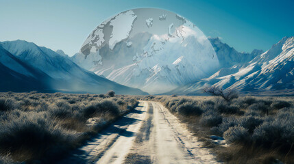 Deserted road in snowy mountains, earth globe overlay, nature and overlay, cold valley environment